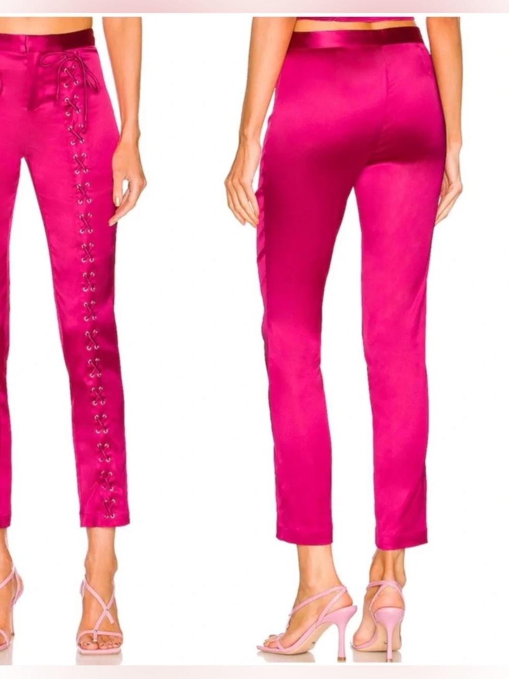 NWT Song of Style Ewan Fuchsia Pink Satin Lace-Up Front Grommet cropped Pants XS - Picture 3 of 9